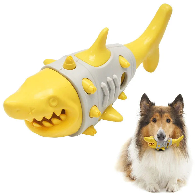 Blue durable rubber dog toy with shark-tooth texture and leaky design for teething puppies