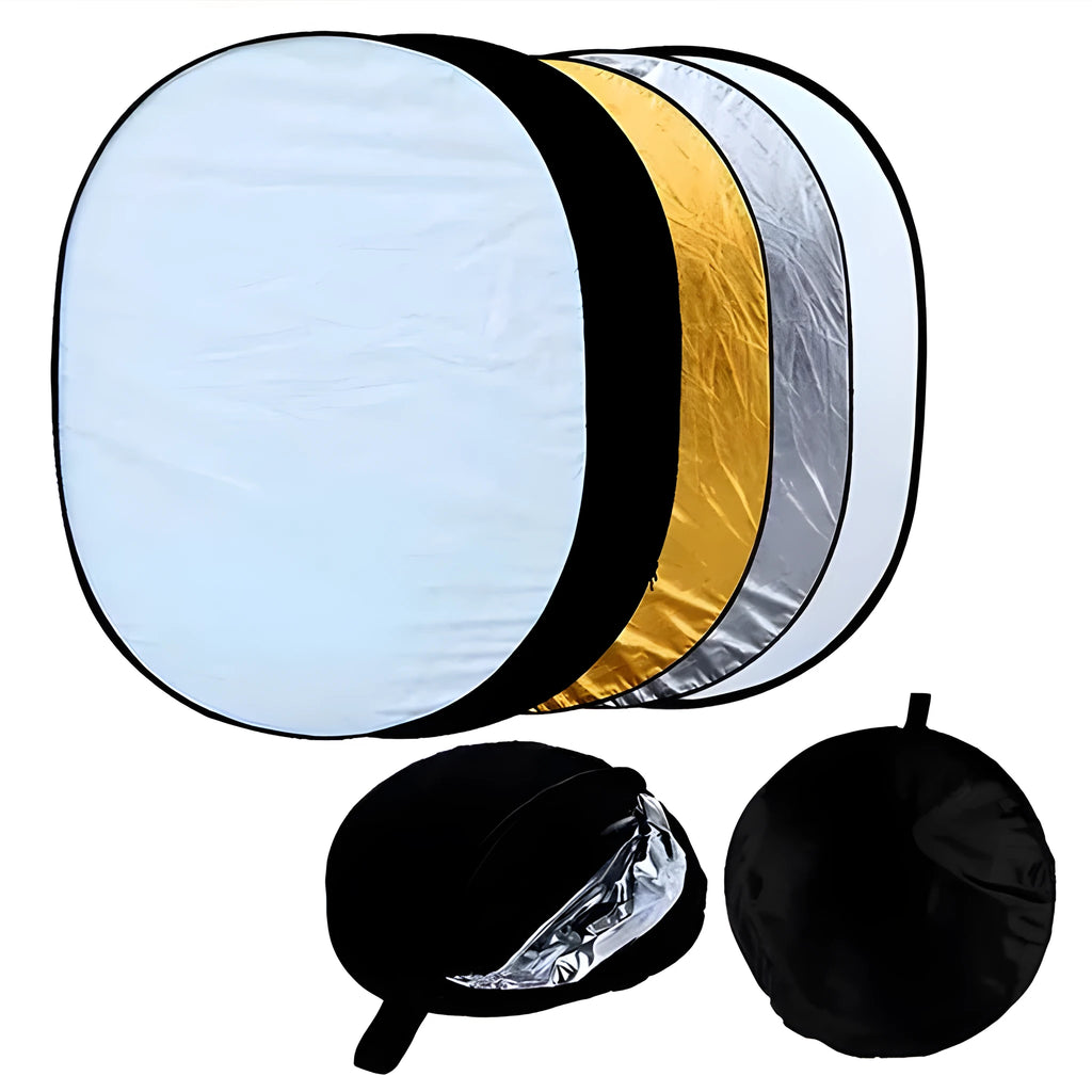 Open and folded 5-in-1 collapsible photography light reflector showing gold, silver, white, black, and translucent surfaces.