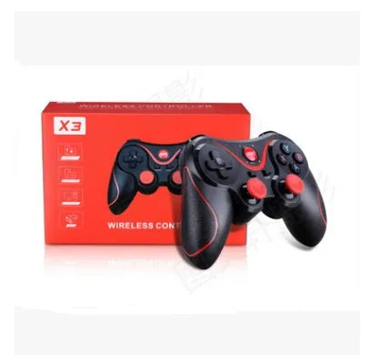 Black X3 Bluetooth wireless game controller with attached phone clip for Android smartphones