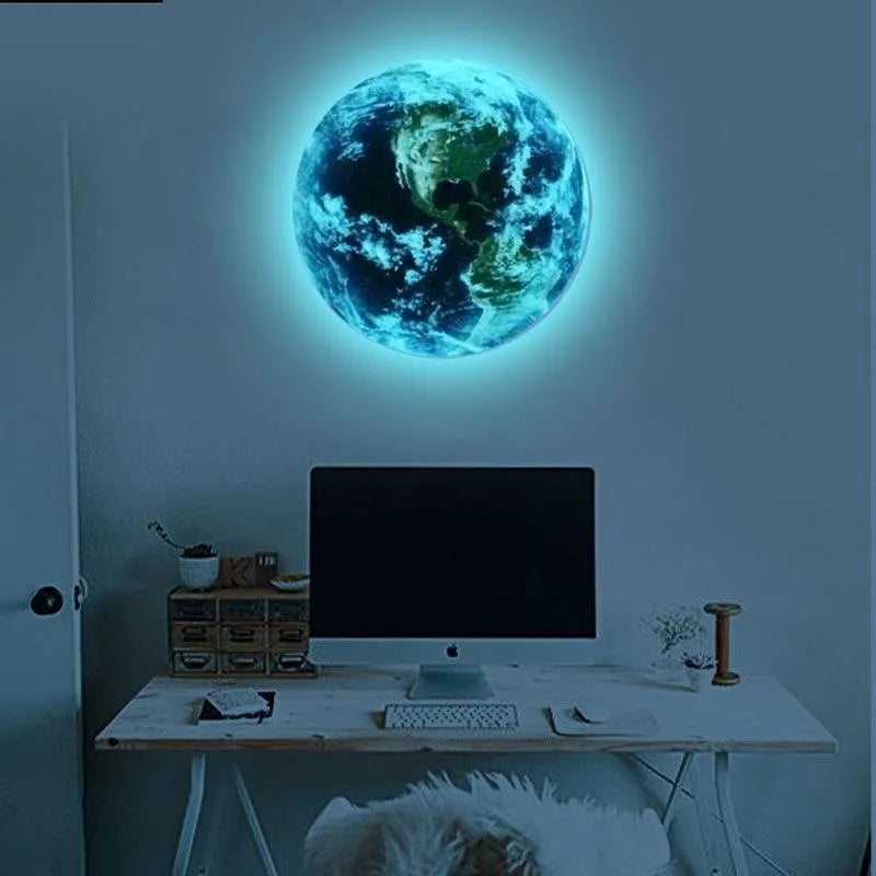 Glow in the dark 3D Earth planet wall sticker showing luminous effect in darkness