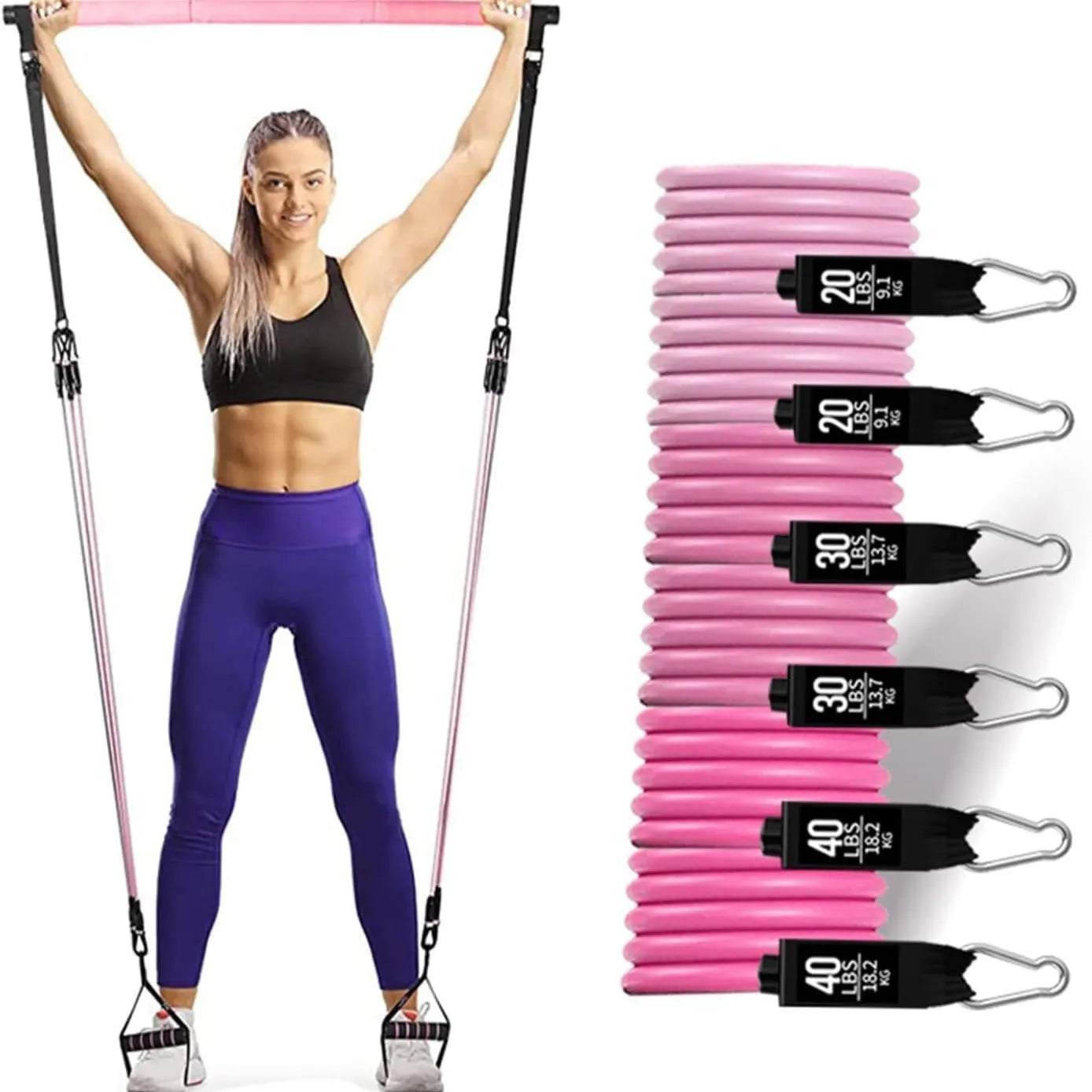 Yoga gymnastic bar with 180 pounds TPE resistance band pull rope set in pink or black