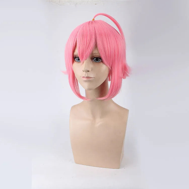 Pink upturned cosplay wig with artificial scalp and rose net lining, 35cm length
