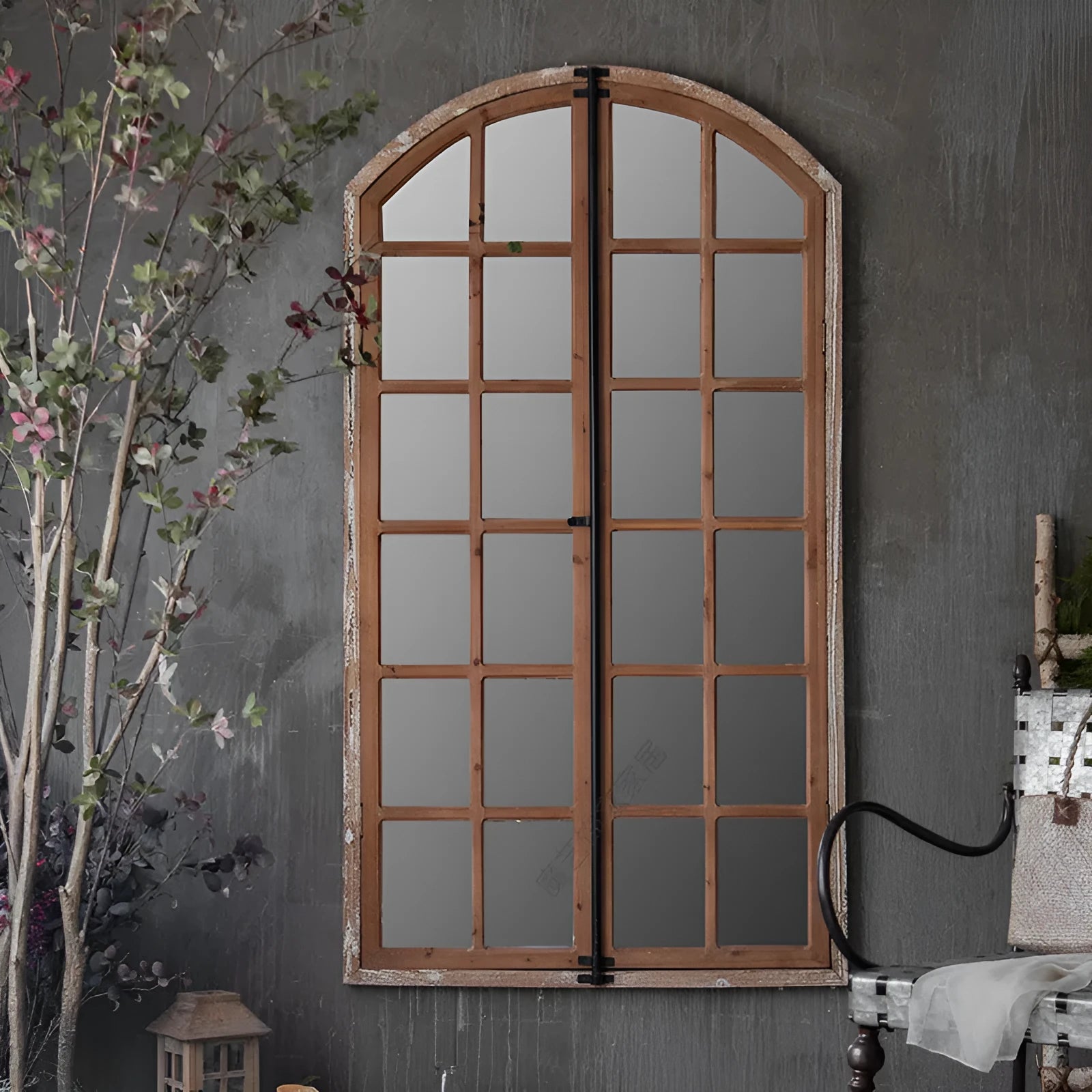 Terrace style distressed fake window wall mirror with wooden frame and glass panel in log colour