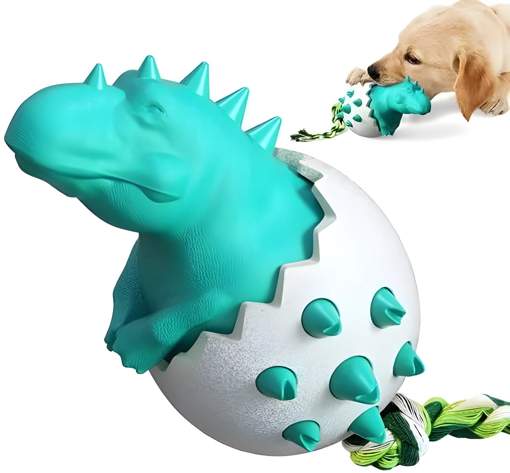 Durable dinosaur-shaped dog teething toy with rope attachment in blue, green, orange or yellow