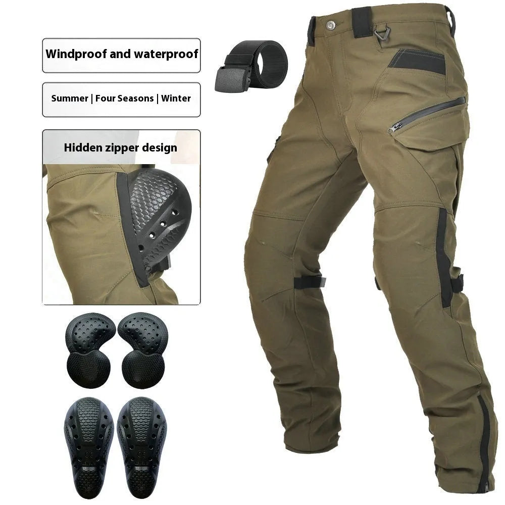 Men's black and green waterproof motorcycle cycling trousers with detachable protective gear set.