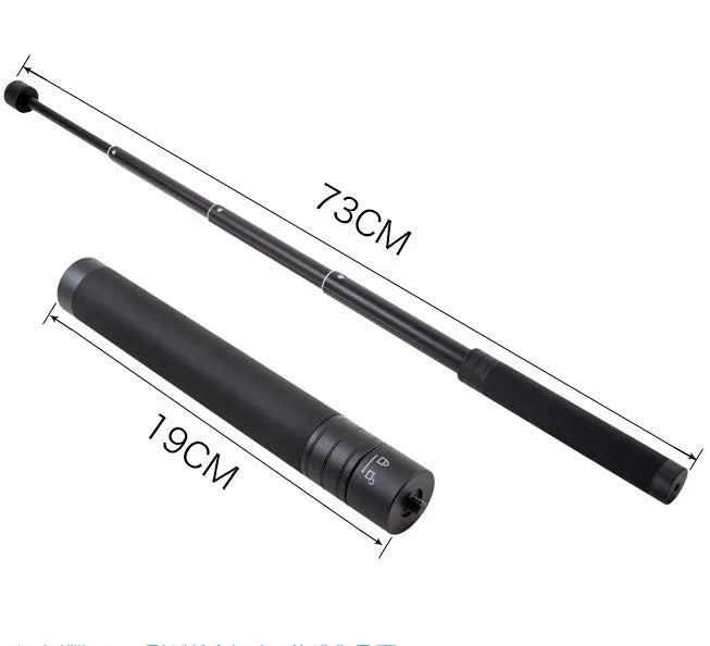 Black retractable selfie stick extended with smartphone mounted in adjustable holder
