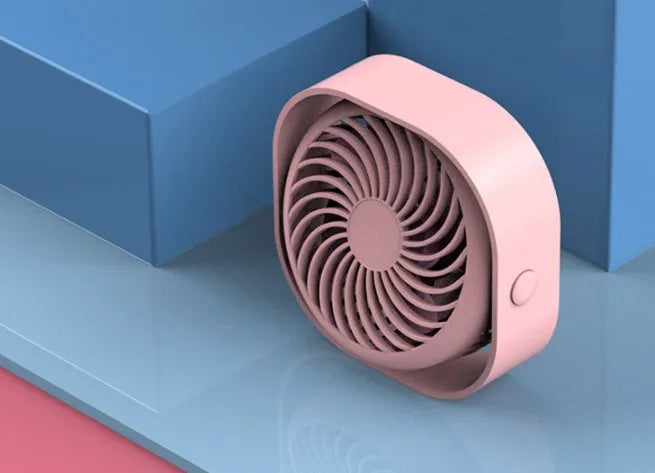 USB desk fan with alarm clock showing 360-degree rotation and rotary switch in blue colour