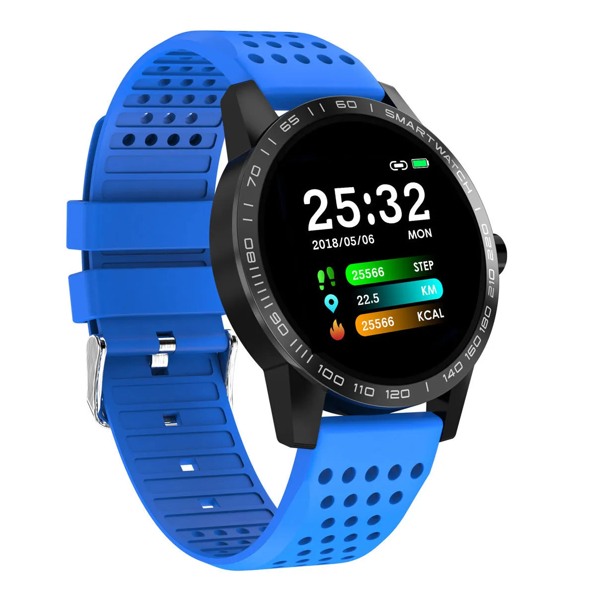 Black smart bracelet with a colour screen showing heart rate data on a wrist.