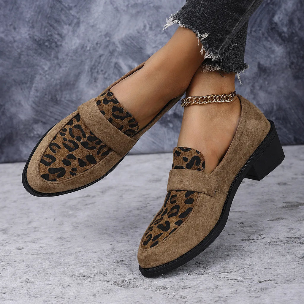 Leopard print slip-on suede pumps with chunky mid-heel in three colour options