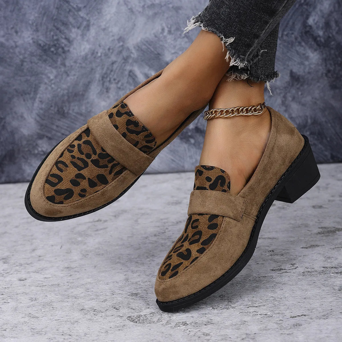 Leopard print slip-on suede pumps with chunky mid-heel in three colour options