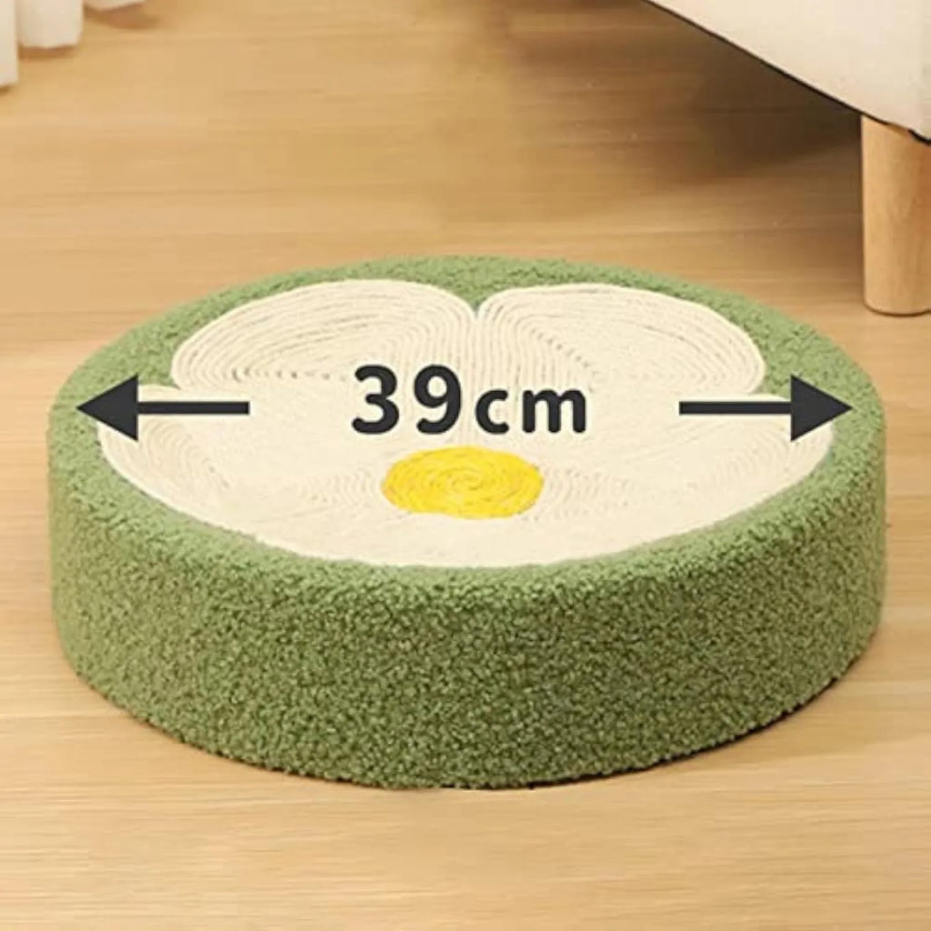 Green round cat scratcher bowl lounge bed with sisal scratching surface measuring 39cm diameter