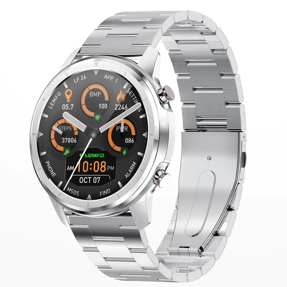 LEMFO LF26 smart bracelet showing its 1.3-inch screen, worn on a wrist, available in black, brown silver, and silver colours.