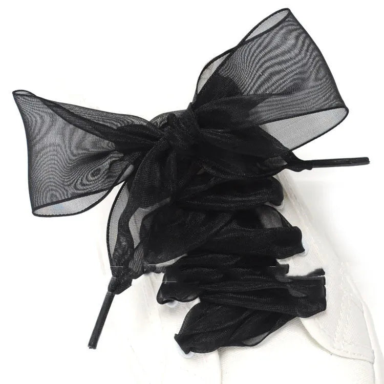 Wide 4cm transparent silk shoelaces in beige, black, and wine red colours, showing length.