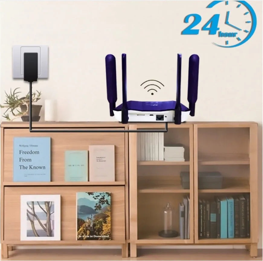 Blue 4G dual mode router with four external antennas showing EU and US model variants