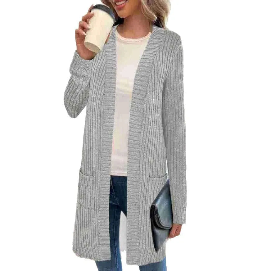 Long sleeve loose fit cardigan jacket with front pockets in polyester fabric