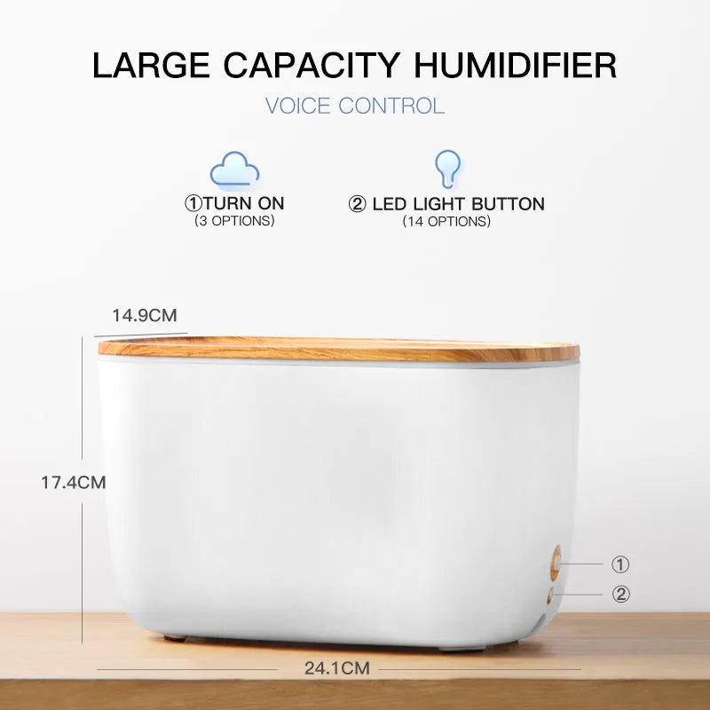 GX-22K white aromatherapy humidifier with night light and water tank on a wooden table.