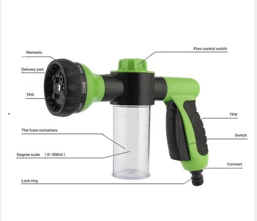 Green high pressure foam spray gun with adjustable nozzle for car washing and household cleaning.