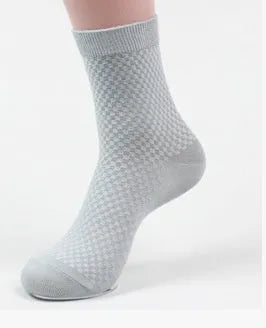 Men's bamboo fibre business socks with small square pattern in black, grey blue, iron grey, navy blue, and silver grey colours