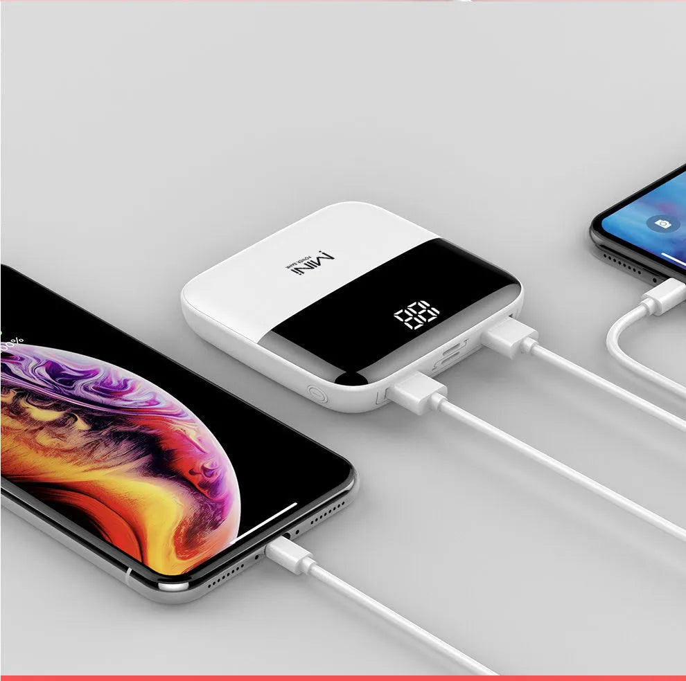 Portable 10000mAh power bank with digital display and dual USB outputs
