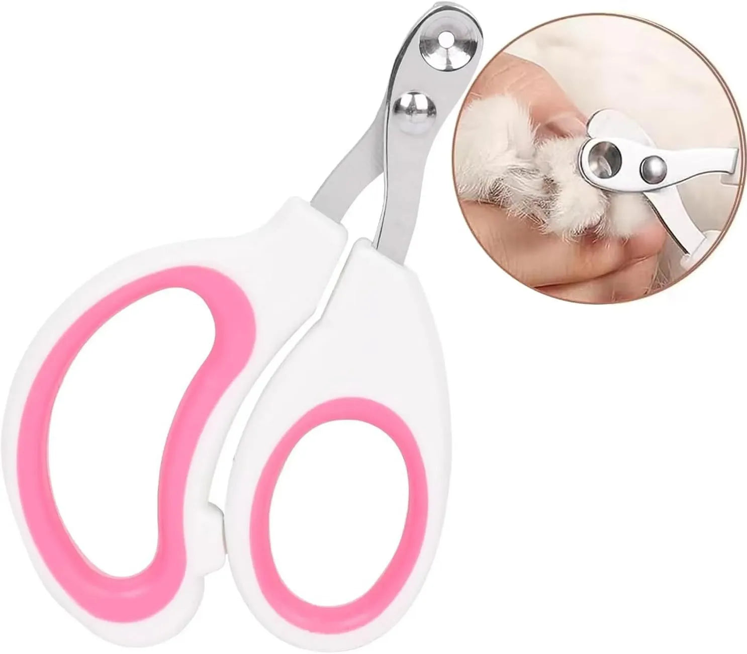 Blue pet nail clippers with circular cutting hole and cushioned non-slip handles on a white background.