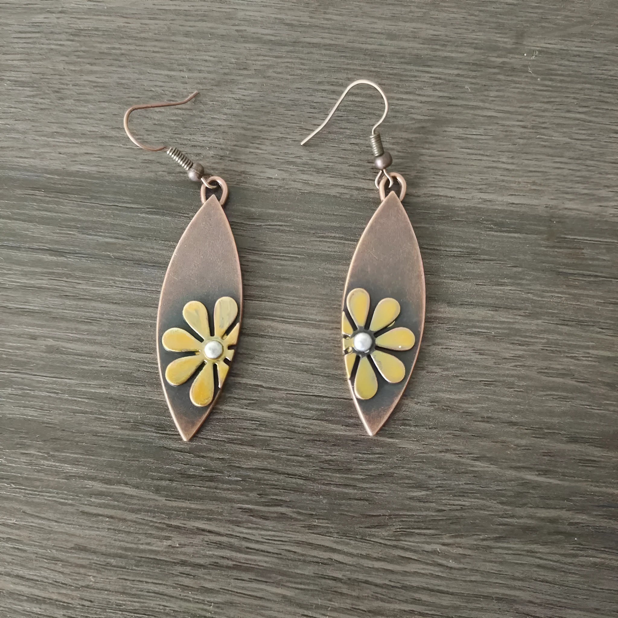 Handmade wooden water drop earrings with carved vintage wood and alloy flower detail