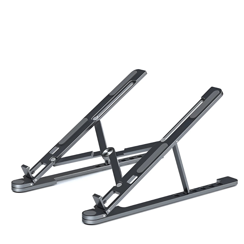 Aluminium laptop stand folded and unfolded showing adjustable height mechanism in silver finish