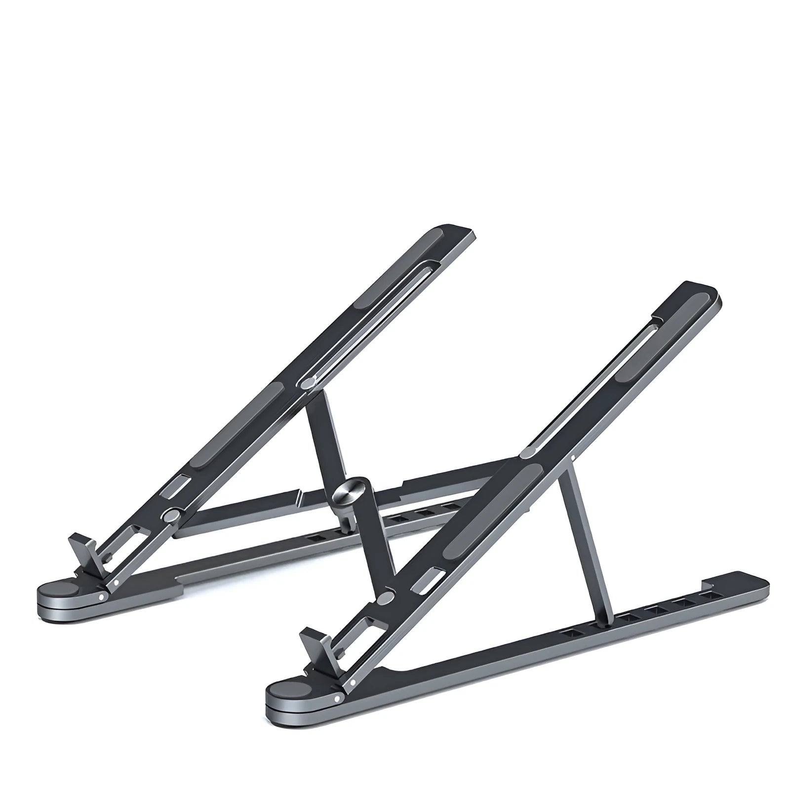Aluminium laptop stand folded and unfolded showing adjustable height mechanism in silver finish
