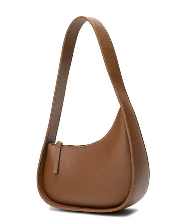 Genuine leather half moon ladies shoulder bag with wide strap and zipper closure in small size