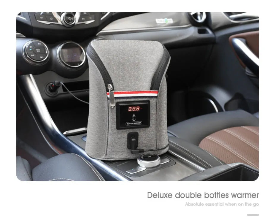 Grey Oxford cloth car USB baby bottle warmer with electronic temperature display and carry handle