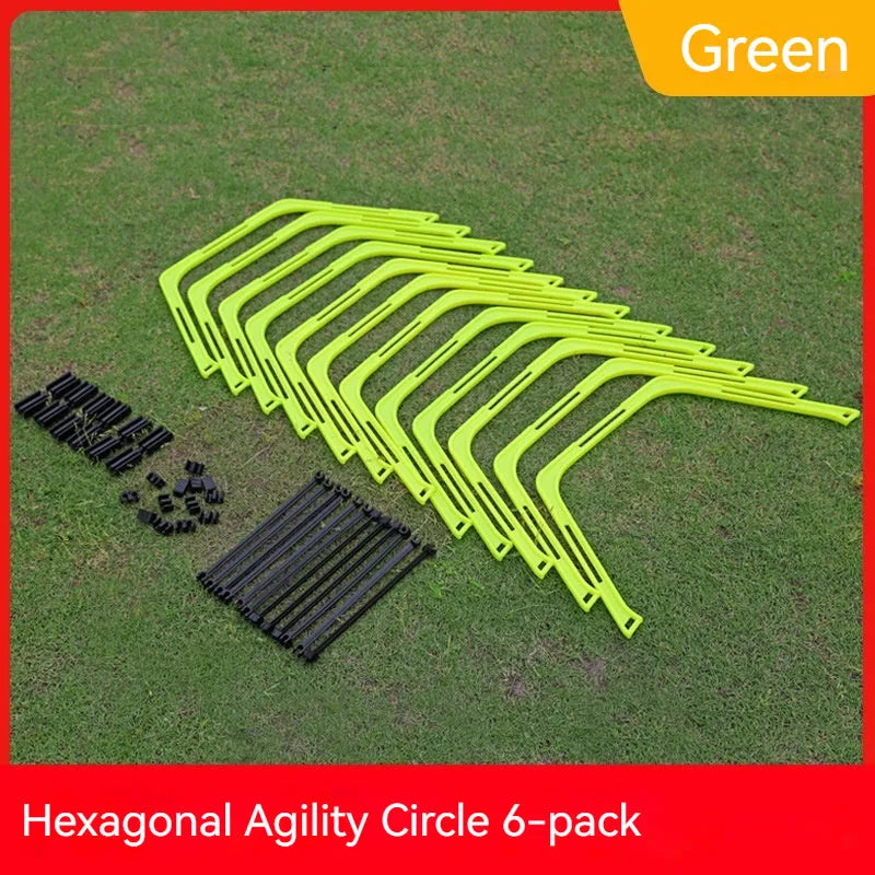 Six foldable yellow, green, and orange hexagon football agility training rings laid out on grass.