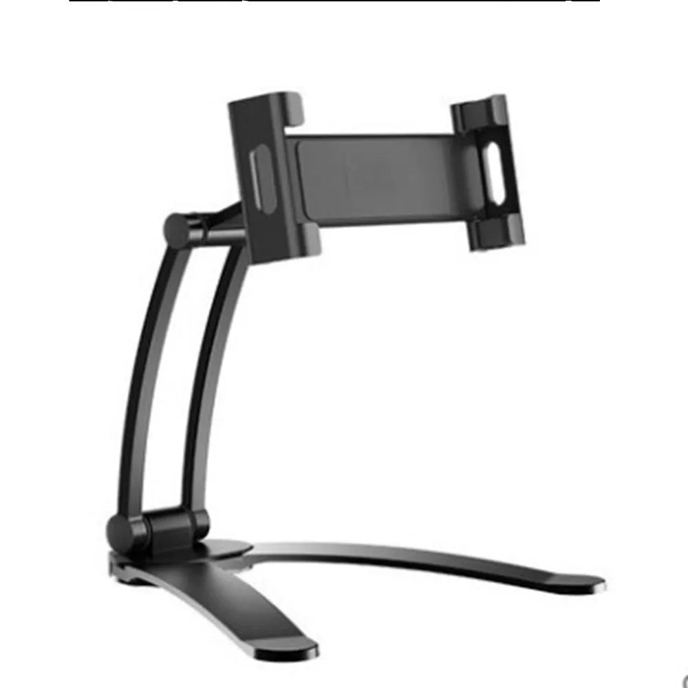 Silver aluminium alloy desktop tablet stand holding a tablet at an adjustable angle with a white mounting base.