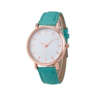 Square-faced quartz watch with a PU leather strap showing colour options on a white background.