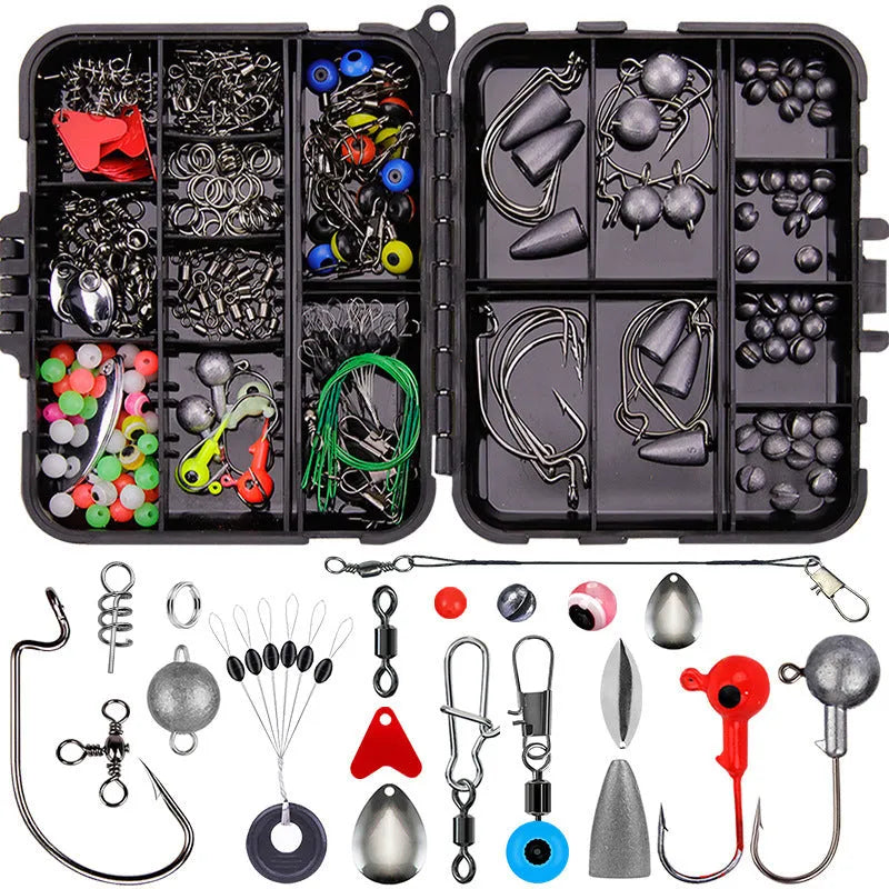Orange ABS plastic box open to show compartments filled with fishing hooks and lure accessories.
