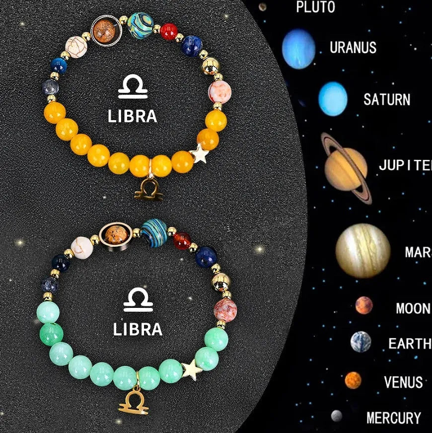 Two natural stone beaded bracelets with zodiac charms on an adjustable elastic band.