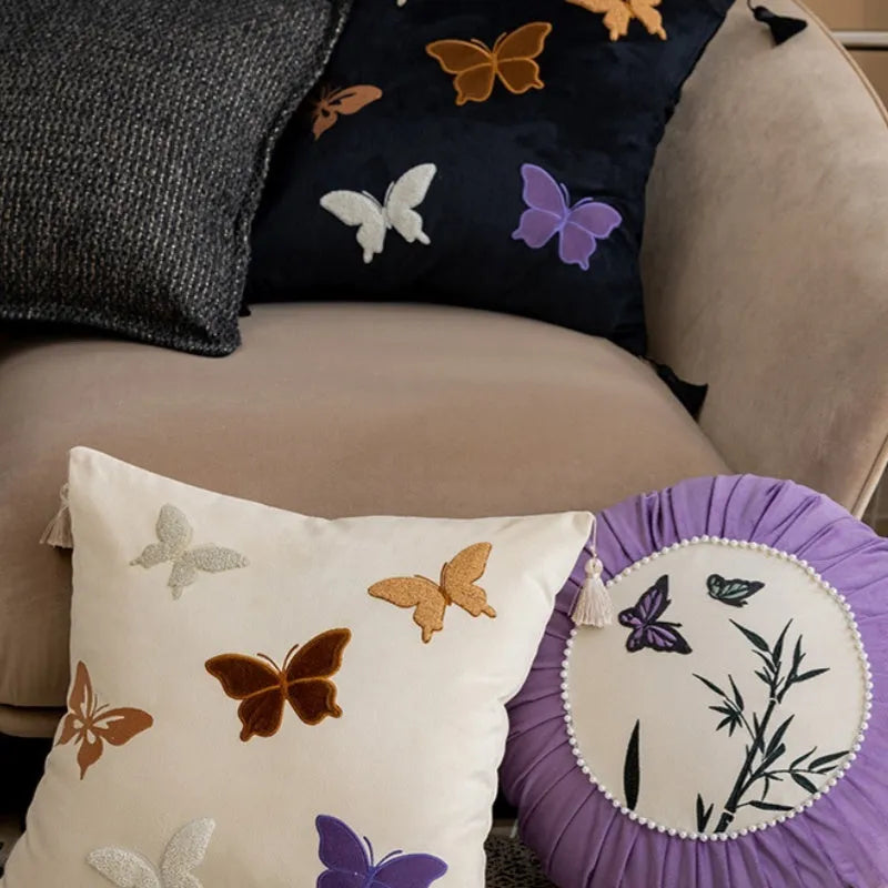 Butterfly embroidered Chinese style cushion in beige black purple colours measuring 45x45cm
