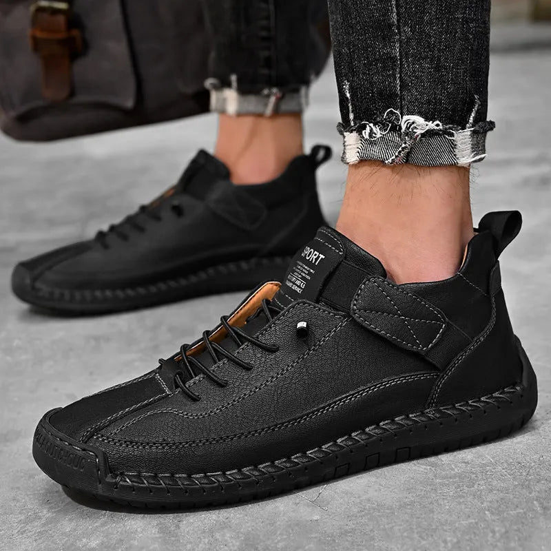 Men's mid-top Martin boot in multiple colours showing microfiber upper, round toe, flat heel, and tooling stitching detail.
