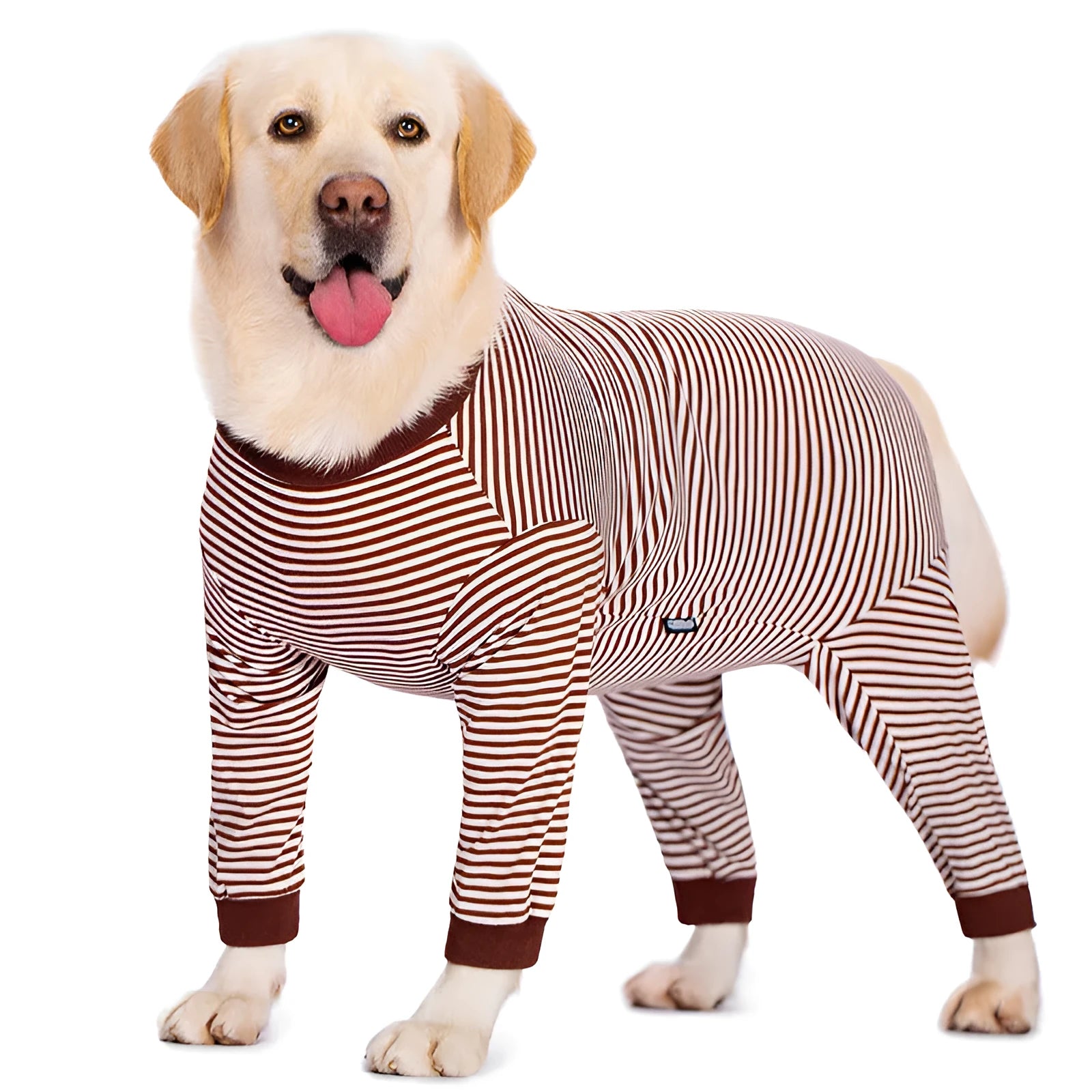 Four-legged striped polyester dog shirt for Golden Retrievers and Labradors in three colour options.