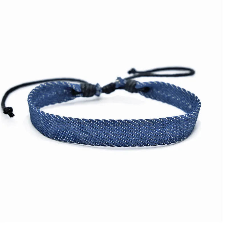 National style denim fabric bracelet carrying strap with mixed material construction for unisex travel and memorial use