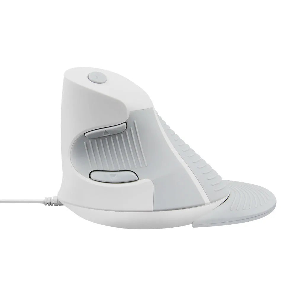 Black and white ergonomic vertical wired mouse for desktop computers showing side profile.