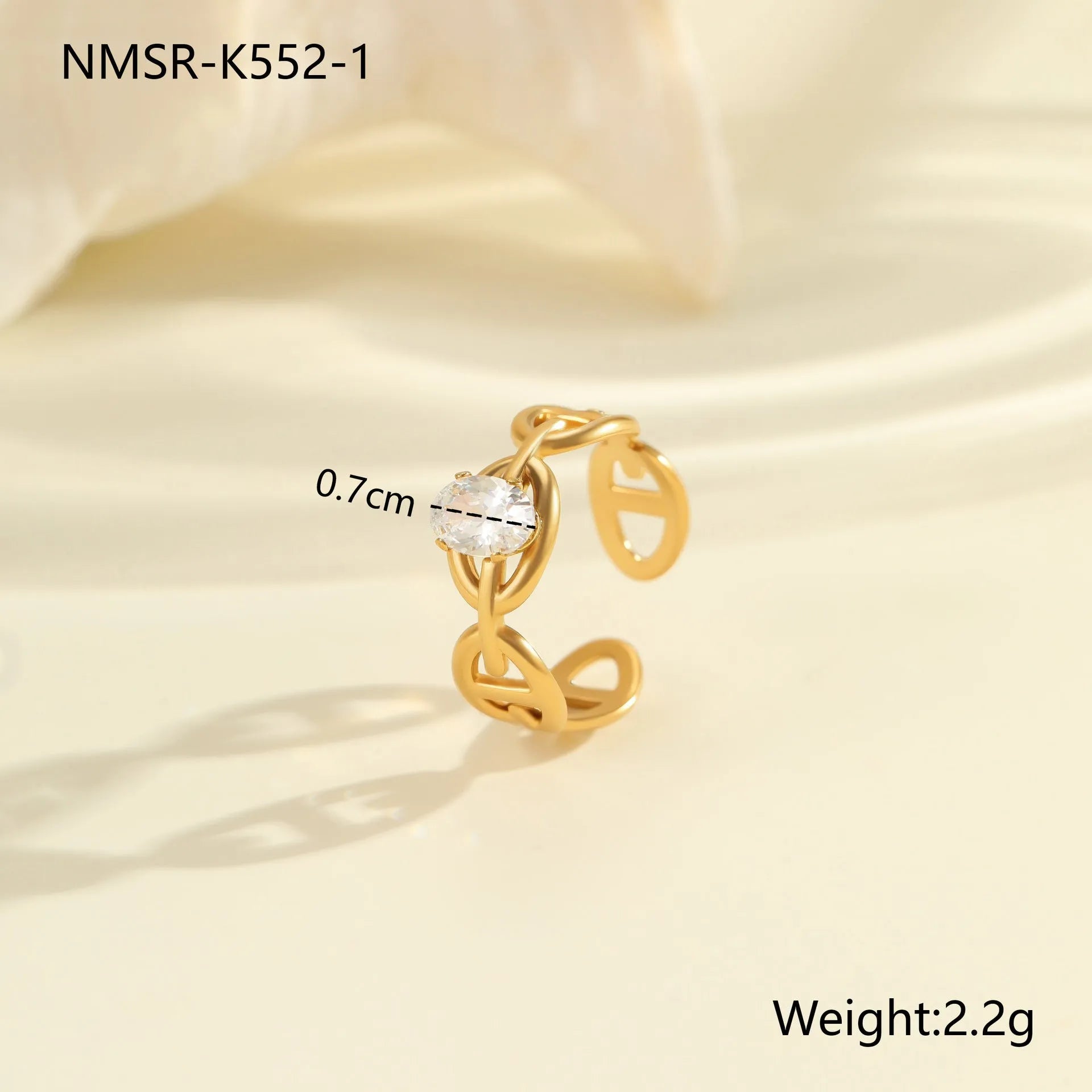 Geometric stainless steel zircon ring with open mouth design showing round, oval and quadrangle elements