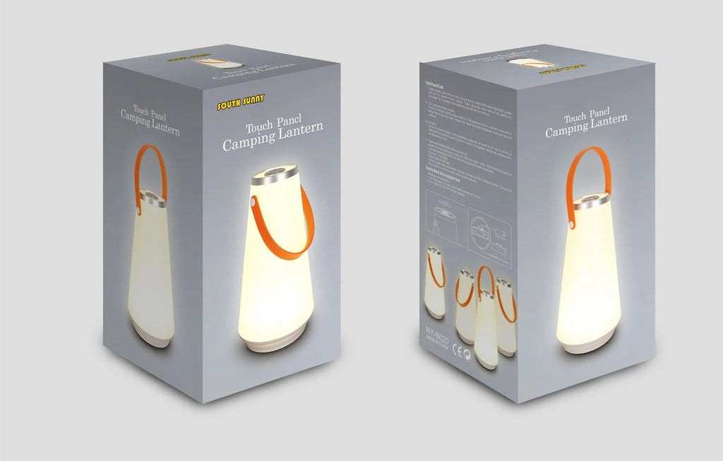 White rechargeable LED bedside night light with adjustable warm glow on wooden table