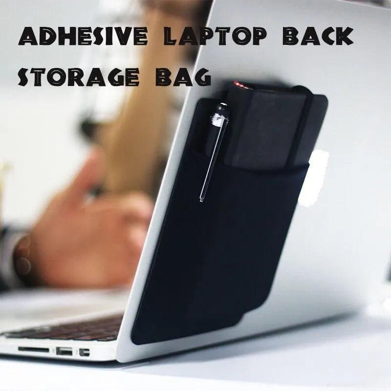 Black adhesive laptop back storage bag 15x12cm self-adhesive Lycra with pen loop