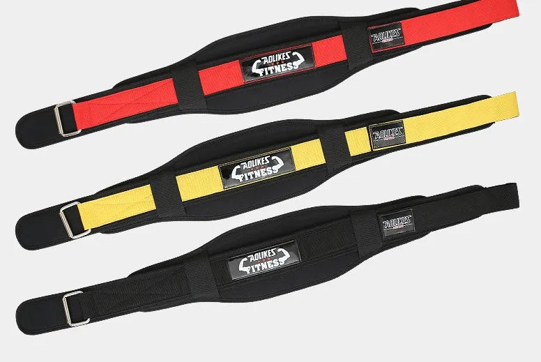 Nylon fitness weightlifting waistband belt in black, red, or yellow, shown in sizes L, M, and XL.