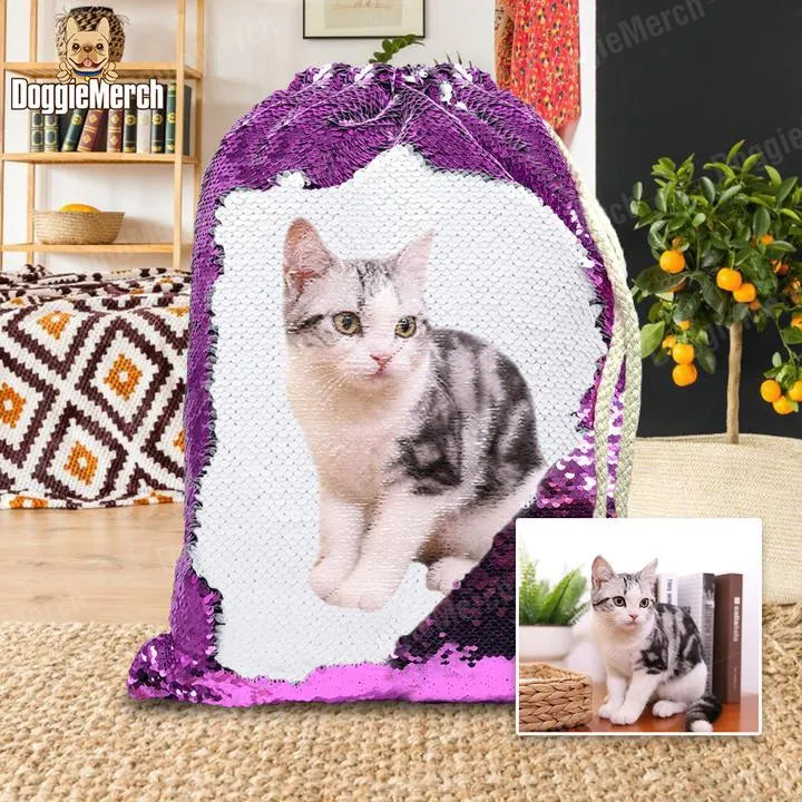 Custom purple sequins backpack with a printed dog photo and drawstring closure