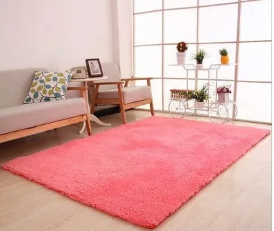 Rectangular solid colour carpet with velvet surface showing non-slip dot patterned bottom layer