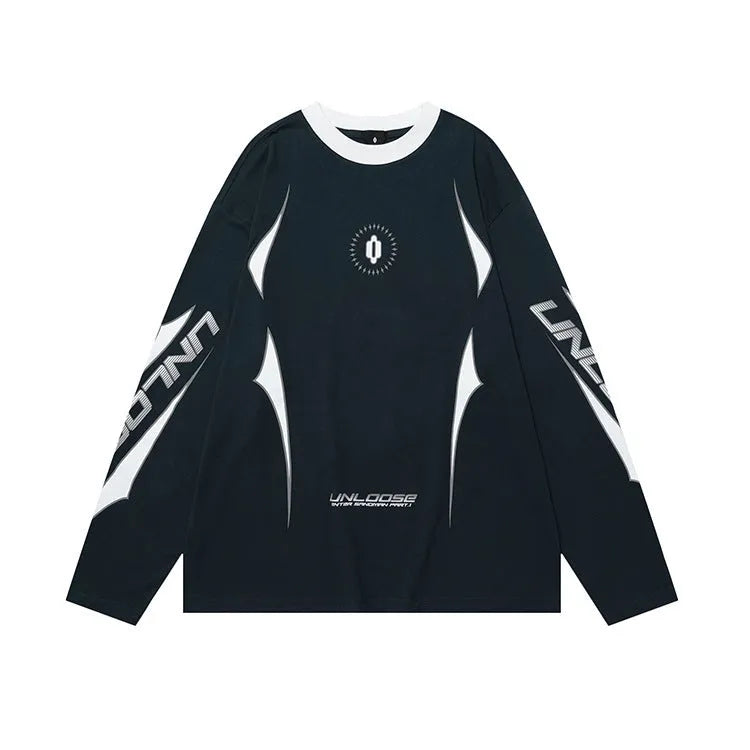A man's grey khaki cotton pullover with drop shoulders, long sleeves, a round neck, and a printed letters pattern.