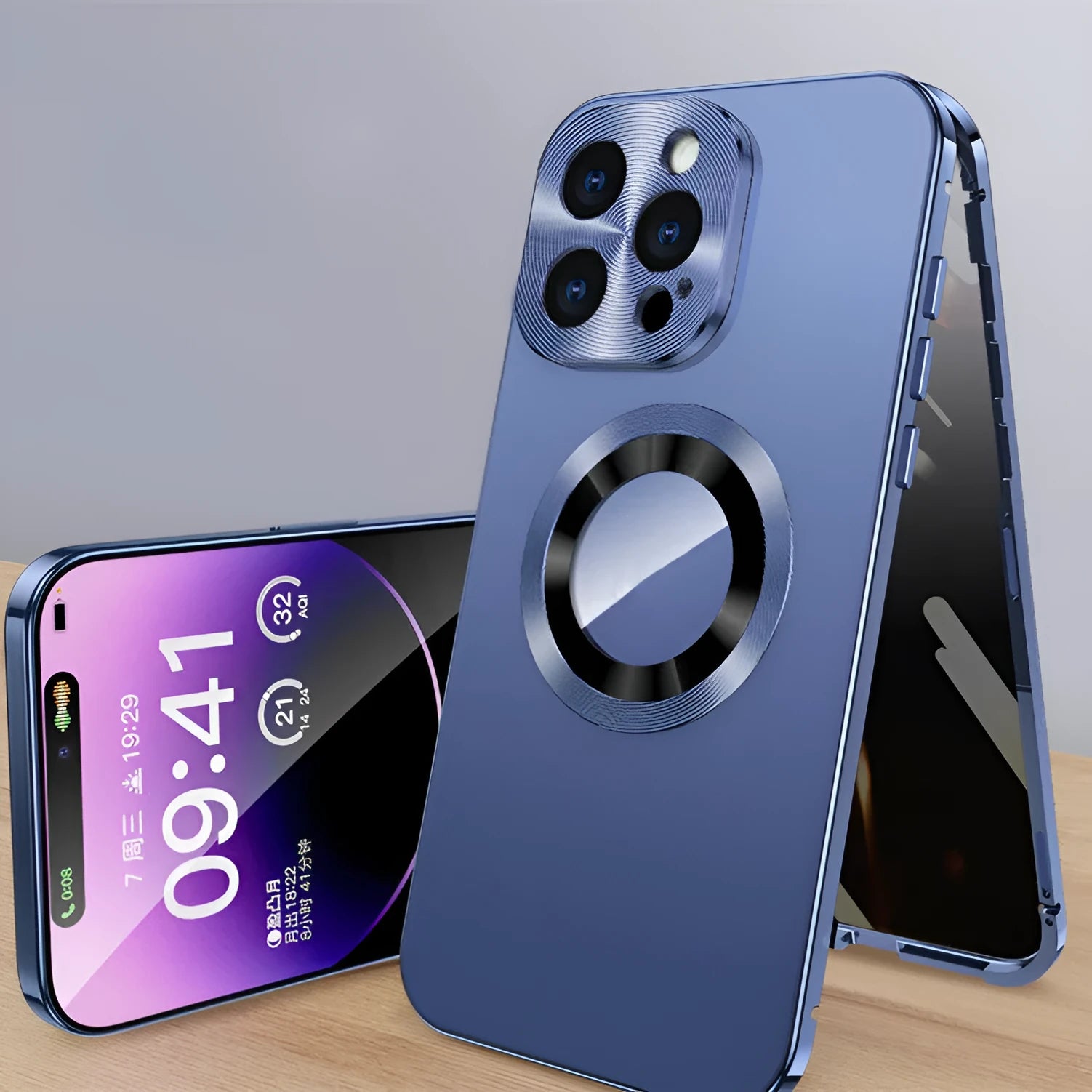 Magnetic anti-peep phone case for iPhone in black, blue, gold, purple, and silver colours.