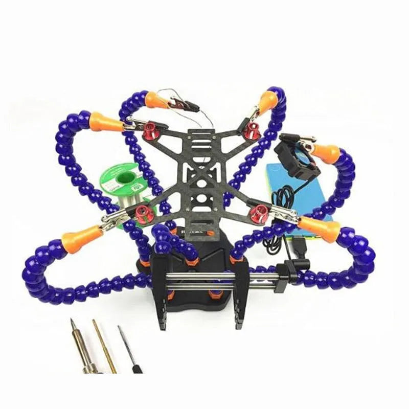 Black aluminium alloy six-claw welding station with multiple adjustable arms for model repair