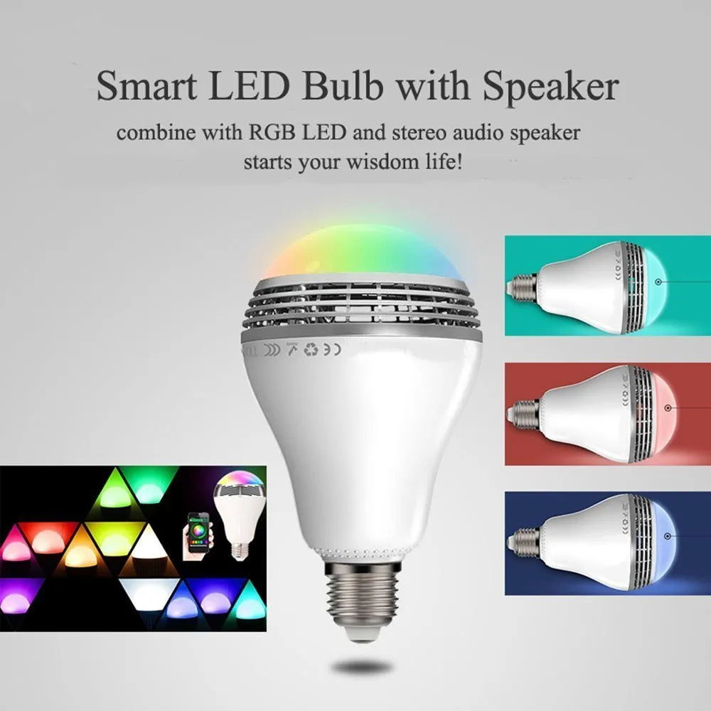 Smart E27 LED light bulb with integrated Bluetooth speaker for coloured lighting and music.