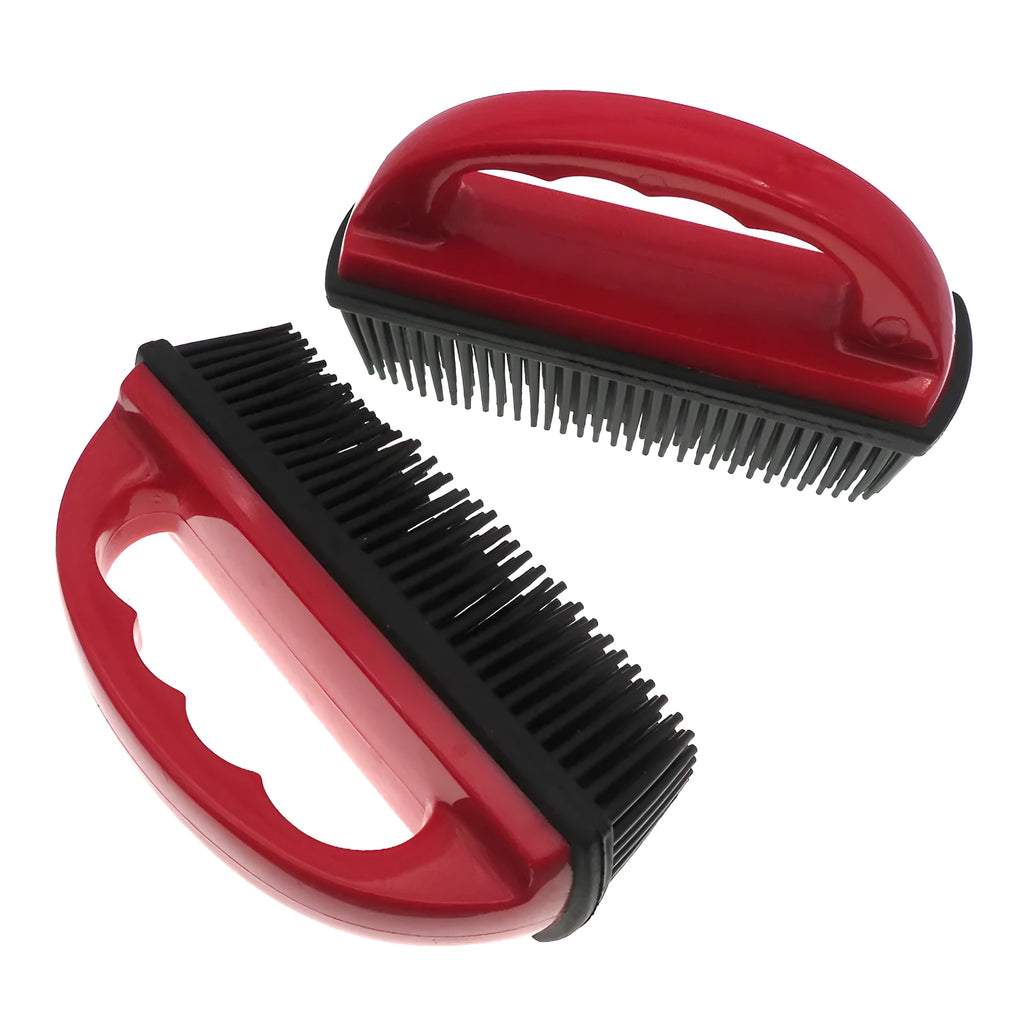 Red pet hair removal massage brush measuring 160x85mm for bath grooming and carpet cleaning